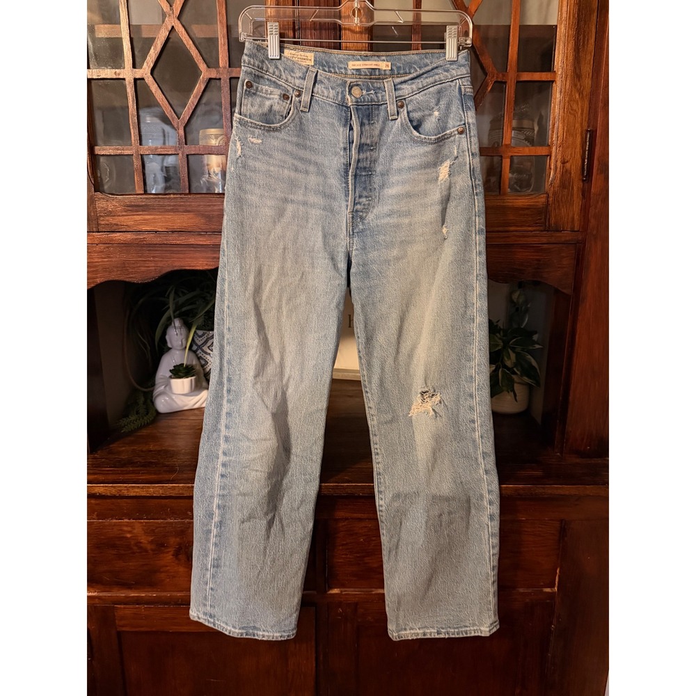 Levis Ribcage Straight Ankle Jeans Womens 26 Light Wash Distressed